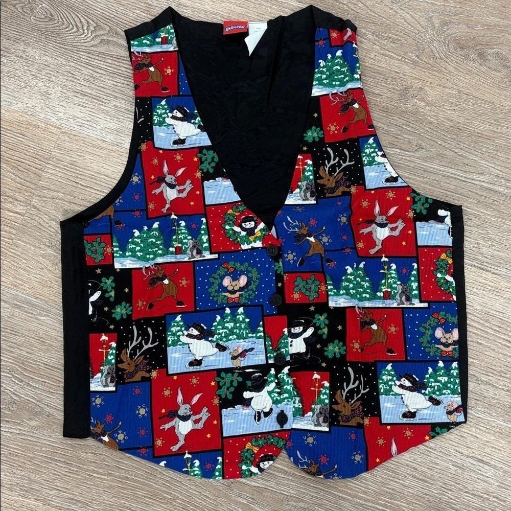 Vintage Snowden Christmas Vest Womens L Snowman Reindeer Patchwork Holiday